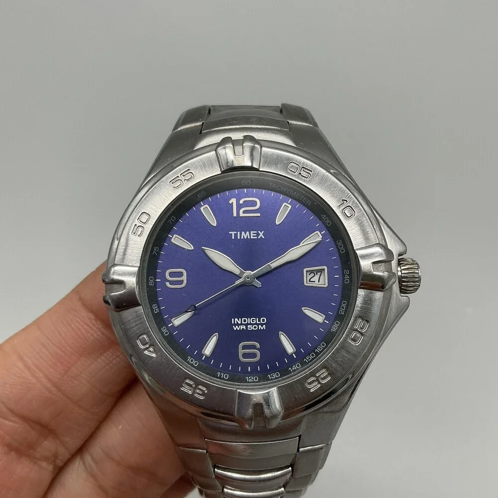 Timex Indiglo WR 50M Mens Watch 39mm Blue Dial Silver Tone Date New Battery 7